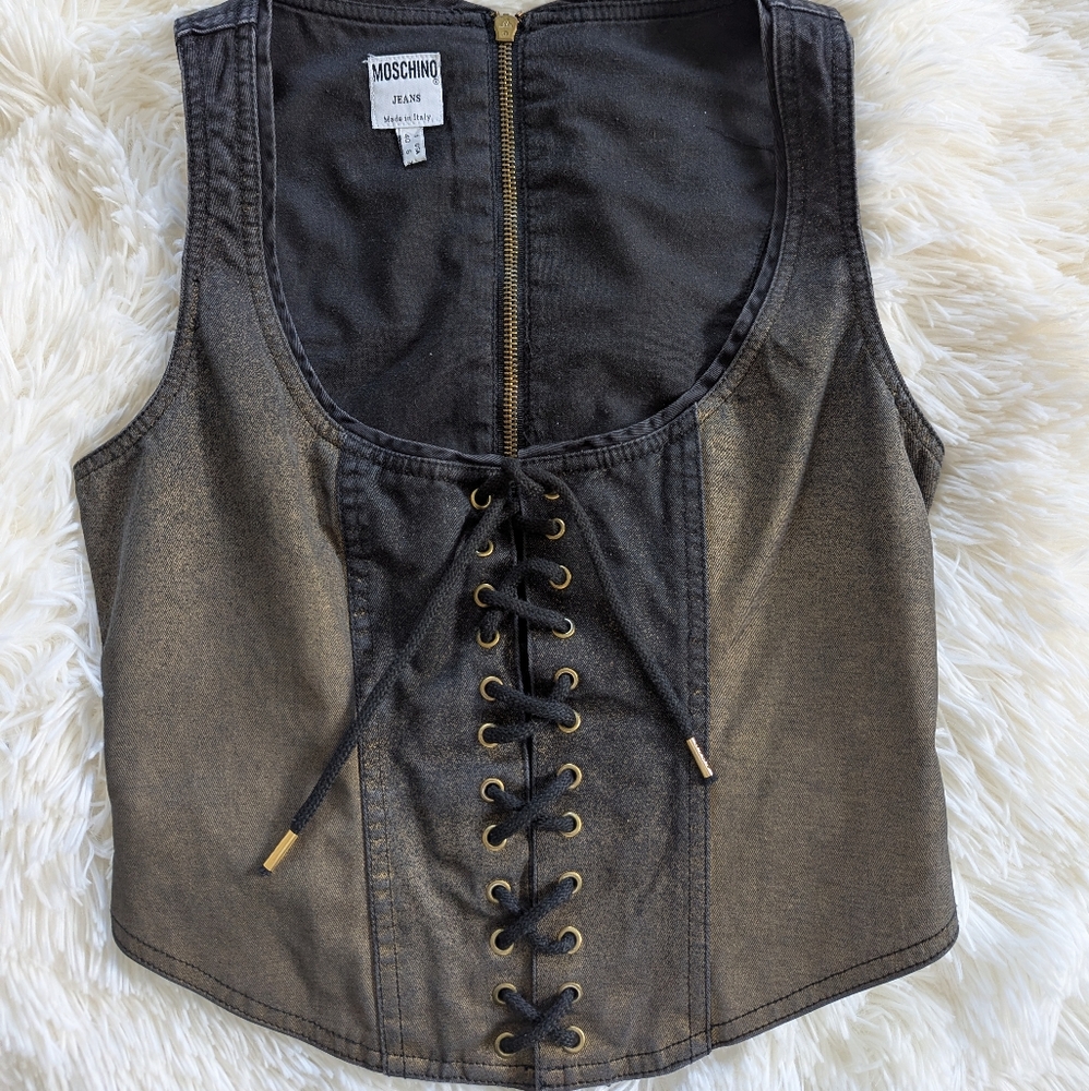 Moschino Metallic Black Denim Lace-Up Corset